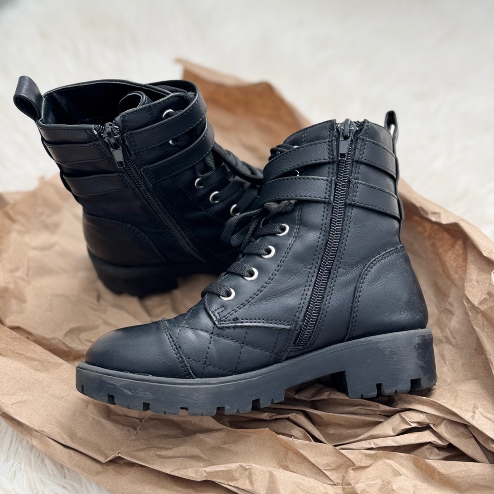 BCBGirls Black Combat Boots with Side Zipper and Chunky Sole